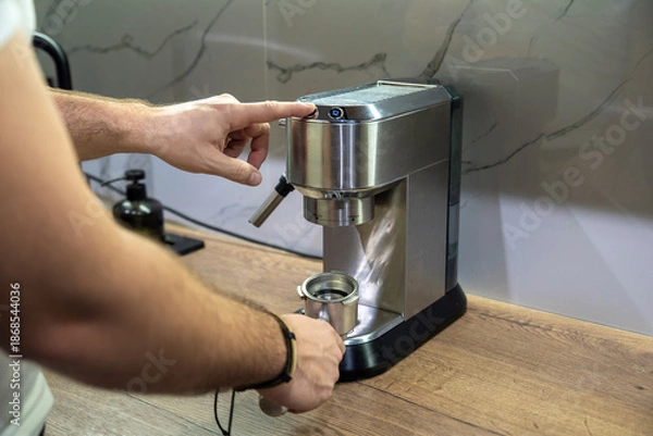 Obraz Man pressing button on steel espresso machine