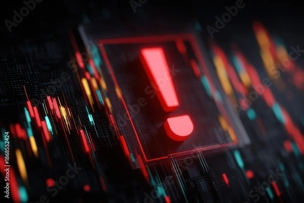 Fototapeta Dramatic red exclamation mark on data background illustrating alert