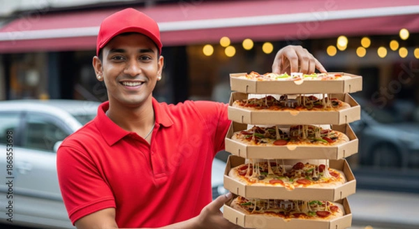 Fototapeta Happy Pizza Delivery Man with Stack of Fresh Pizzas