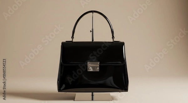Obraz 漆黒の艶が映えるエレガントなハンドバッグ 柔らかなスタジオ光が立体感を強調し高級感を演出する 光沢ある表面に反射する繊細なハイライトが洗練された美しさを際立たせる女性向けファッション小物. AI Generated