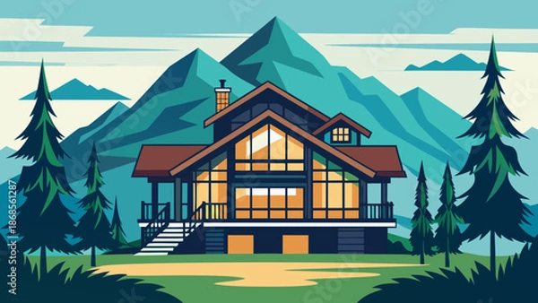 Obraz Mountain lodge in serene forest Vector