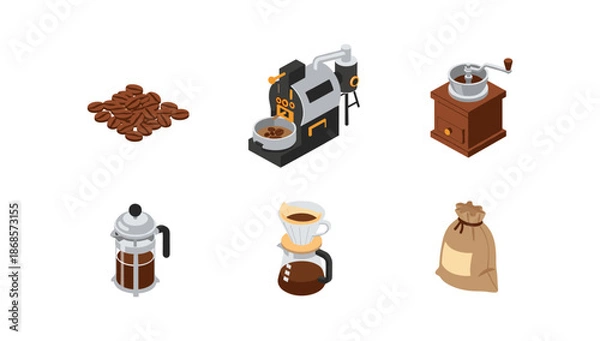 Obraz Isometric coffee elements set with beans, grinder, and brewing tools