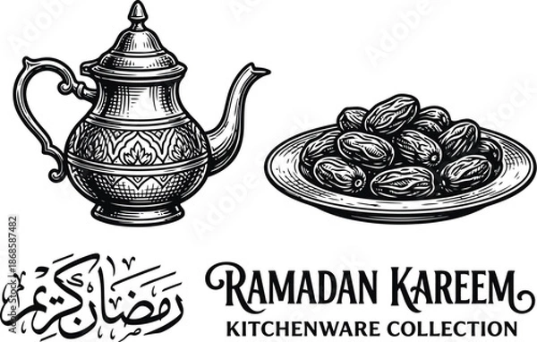 Obraz Ramadan kitchenware set with brass teapot and dates plate vector