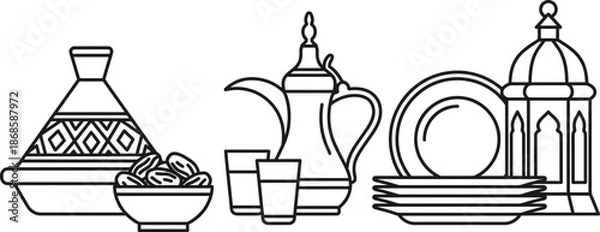 Obraz Ramadan kitchenware set with tajine and dates vector illustration