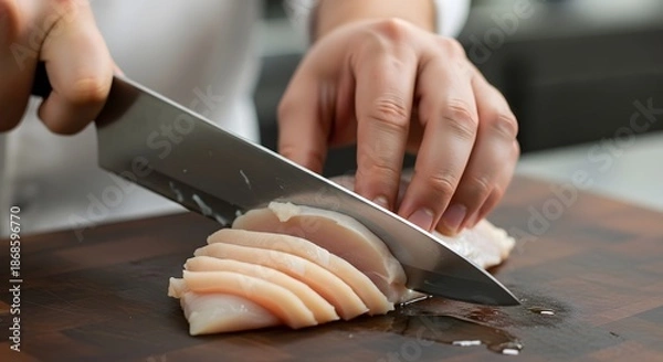 Obraz man hands cutting board with knife