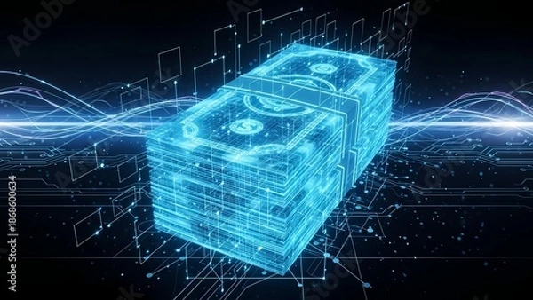 Obraz Digital dollar bills stack as a glowing wireframe, representing virtual money and blockchain technology.