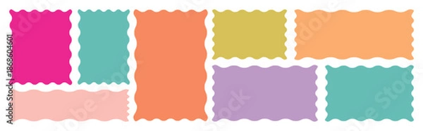 Obraz  Post stamp frames and borders. Rectangle, square template for mail, postcard, letter, note. Vector zigzag. Color rectangle frames with wiggly borders. Zig zag wavy shape frames. 