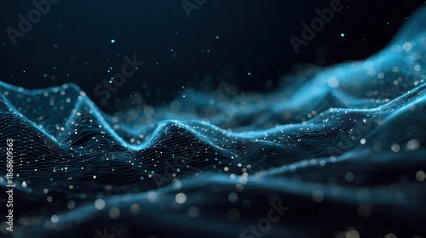 Obraz Technology digital network wave abstract blue data depth calm technology depth background flows digital wave pattern with glowing particle network
