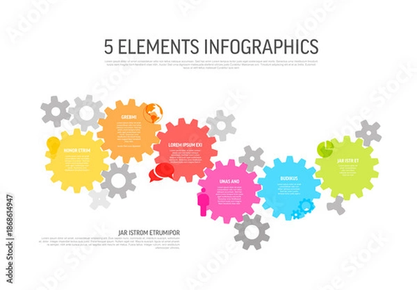 Obraz Five Elements Infographics with Colorful Interconnected Gears