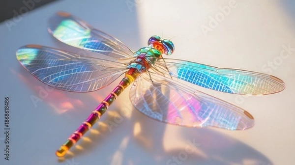 Obraz Dragonfly with Iridescent Wings on White Surface