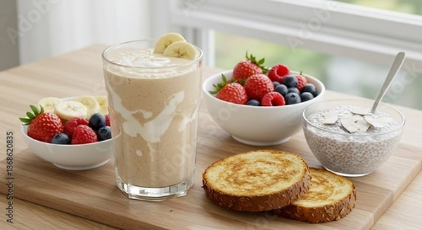 Obraz 窓からの光で輝くヘルシー朝食バナナとベリーのスムージー新鮮な果物と香ばしいトーストの栄養豊かな彩り. AI Generated