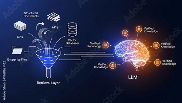 Obraz Retrieval-Augmented Generation (RAG) Architecture Concept for Training Large Language Models (LLM) on Custom Data Files