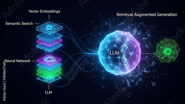 Obraz Retrieval-Augmented Generation (RAG) Architecture Concept for Training Large Language Models (LLM) on Custom Data Files