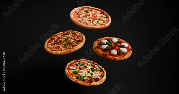 Obraz Assorted Floating Pizzas on Dark Background 3D Render