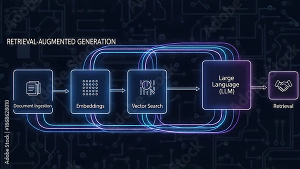 Obraz Retrieval-Augmented Generation (RAG) Architecture Concept for Training Large Language Models (LLM) on Custom Data Files