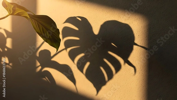Obraz Monstera leaf shadow on a wall with sunlight