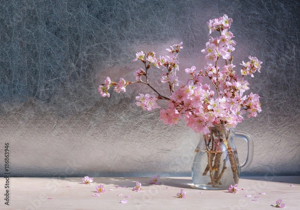 Obraz Pink cherry blossoms in vase on wooden table in the sunlight.