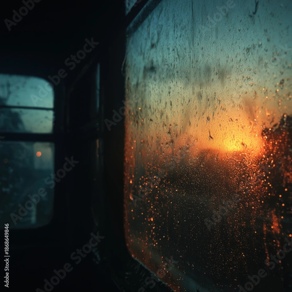 Obraz Rainy train window interior with warm sunset light and condensation