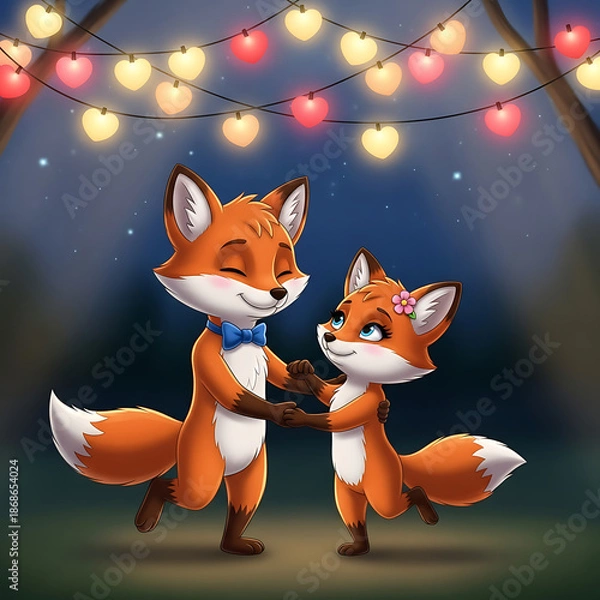 Fototapeta Dancing foxes under string lights isolated on white background