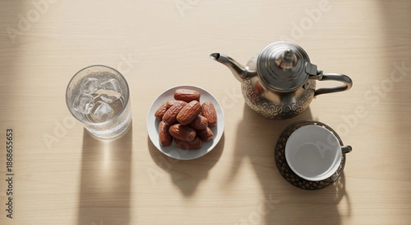 Obraz Ramadan Iftar Table Flat Lay Minimal Illustration