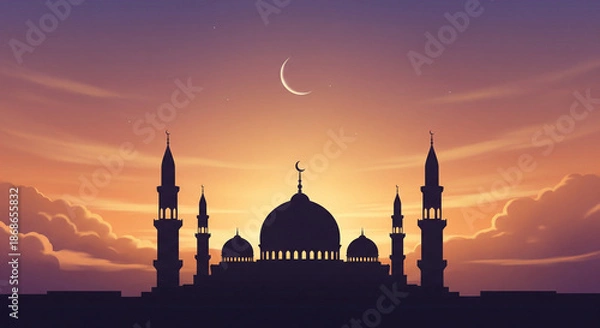 Obraz Elegant Mosque Silhouette At Sunset Ramadan Background