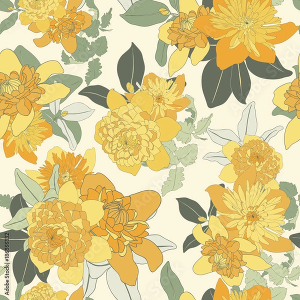 Fototapeta Bright Yellow Daisy Seamless Vector Pattern