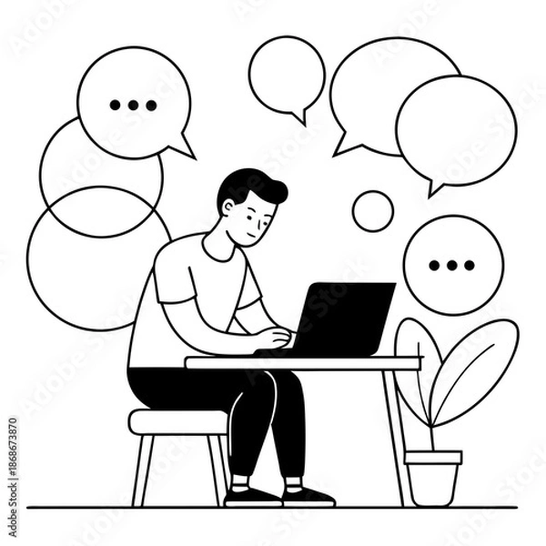 Obraz Man working on laptop isolated on white background Vector