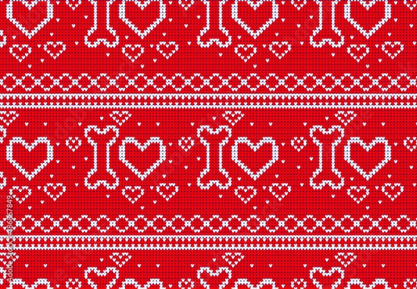 Obraz Seamless Knitted Pattern with heart and bone Background.