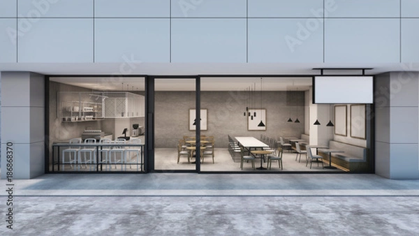 Obraz Widok z przodu Projekt kawiarni i restauracji Nowoczesny loft w domu towarowym. - Renderowanie 3D