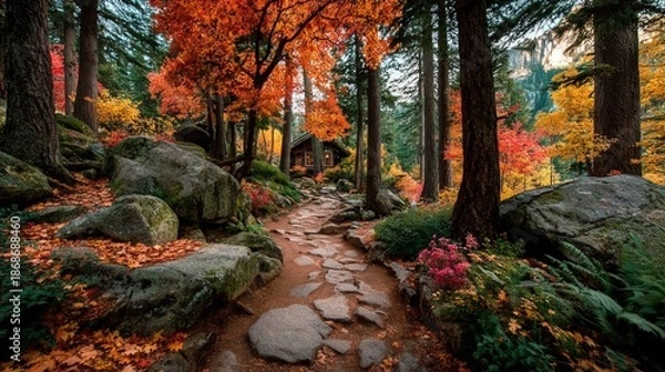 Obraz Autumnal path through a vibrant forest with a rustic cabin