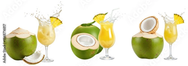 Obraz Coconut with Pineapple Juice Splash Set Transparent Background  

