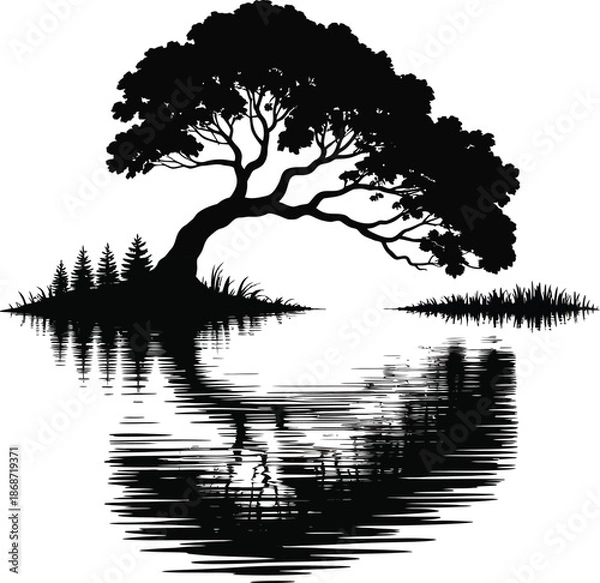 Obraz Large Tree Reflection on Water Silhouette
