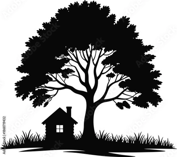 Obraz Cabin Under Large Tree Silhouette