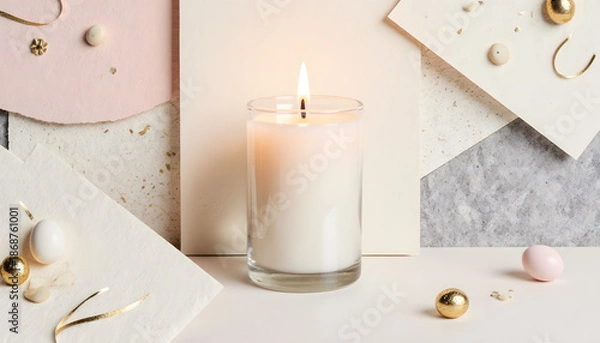 Obraz Elegant candle glowing softly surrounded by pastel Easter decorations  