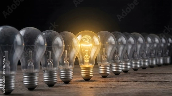 Obraz Glowing light bulb with brain filament representing creative idea and intelligence