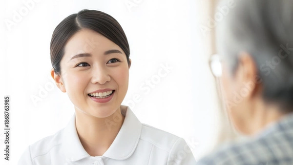 Obraz 患者の話を笑顔で聞く若い看護師のポートレート 医療従事者