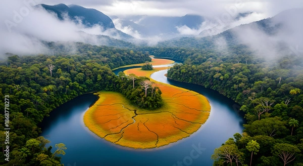 Obraz Green Forest River Landscape Orange Bank Misty Aerial