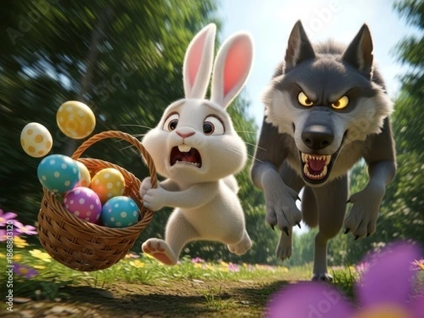Obraz Humorous Easter concept featuring a gray wolf chasing a cute white rabbit.