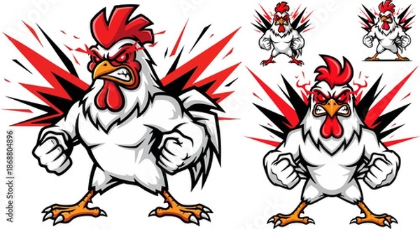 Obraz Angry white rooster mascot design
