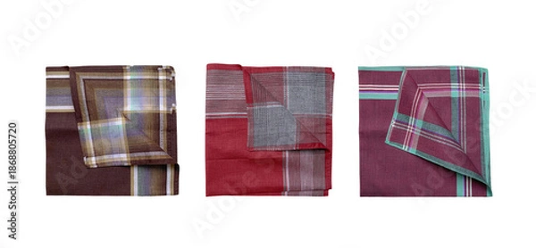 Obraz Three vinage folded patterned handkerchiefs isolated on a transparent background.