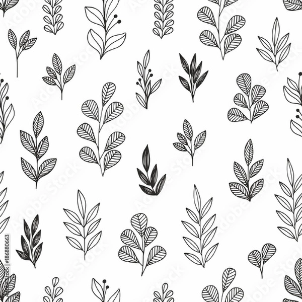 Fototapeta Stylized flowers and branches. Vector linear seamless pattern for design