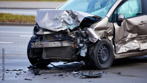 Fototapeta Silver Car Side Accident Damage