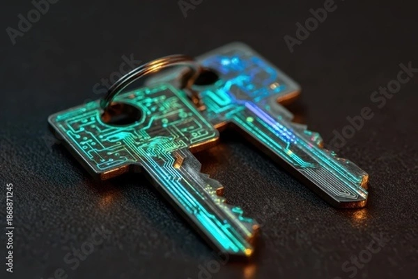 Obraz Two glowing keys built from circuit patterns symbolize cryptography and data protection