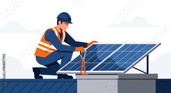 Obraz Technician Installing Solar Panel on Rooftop Vector Illustration