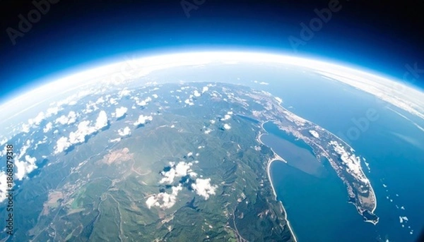 Obraz 地球 惑星 成層圏 境界 壮大 生命 宇宙 蒼天 湾曲 雲海 大地 紺碧 地平線 希望 未知 雄大 循環 奇跡 浮遊感 永遠