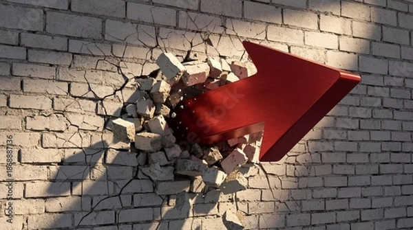Obraz Red Arrow Smashing Through White Brick Wall 3D Render