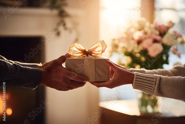 Obraz Hands exchanging a gift in a cozy room setting