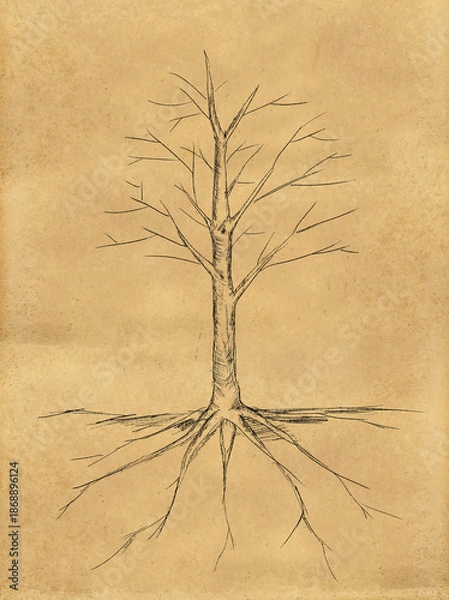 Obraz Tree Sketch no leaves root on paper