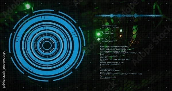 Obraz Rotating blue HUD graphic occupying left in virtual interface, showing code waveform, copy space