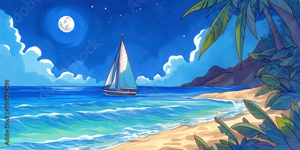 Obraz 月光が波間に揺れる幻想的な夜の海　自然と癒しの背景イラスト素材
海　月　夜景　幻想的　自然　静寂　ロマンチック　波　イラスト　癒し　風景画　満月　星空　背景素材